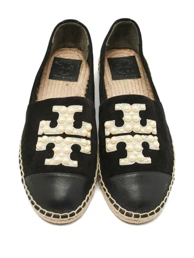 Pre-owned Tory Burch Leather Emblem Espadrilles In Black