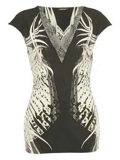 Pre-owned Roberto Cavalli Lace-detail Printed Top In Black