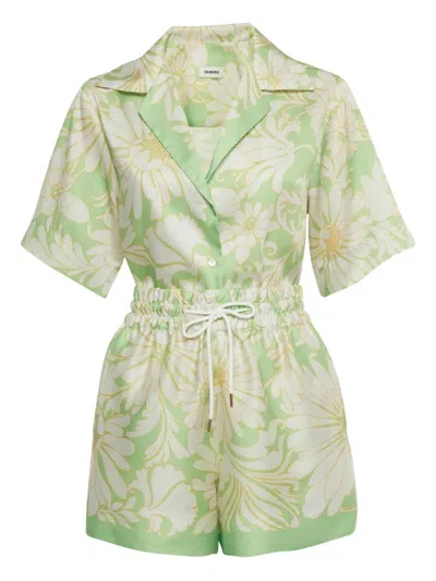 Pre-owned Sandro Floral-print Playsuit In Green