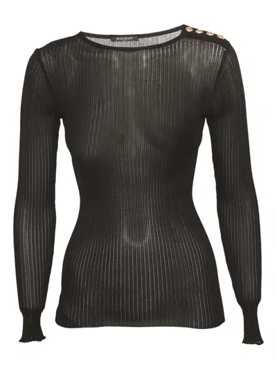 Pre-owned Balmain Rib-knit Long-sleeve Top In Black