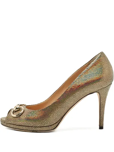 Pre-owned Gucci Iridescent Peep-toe Pumps In Gold