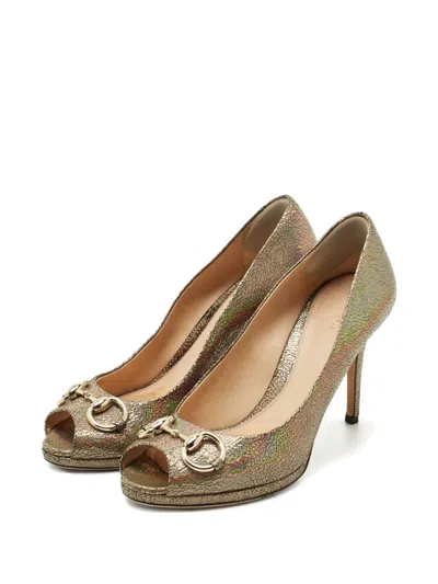 Pre-owned Gucci Iridescent Peep-toe Pumps In Gold