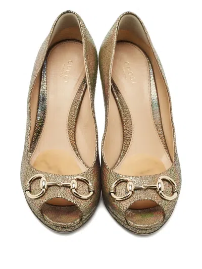 Pre-owned Gucci Iridescent Peep-toe Pumps In Gold