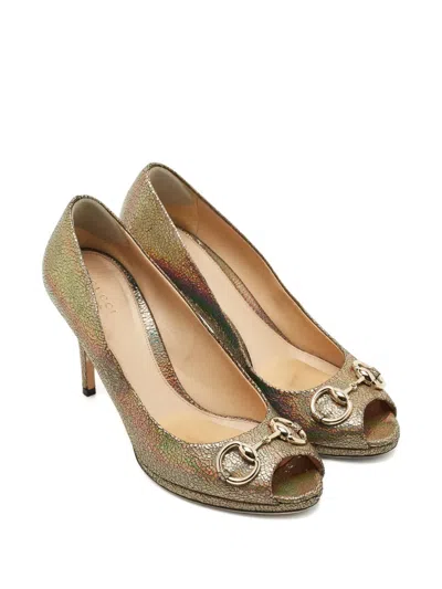 Pre-owned Gucci Iridescent Peep-toe Pumps In Gold