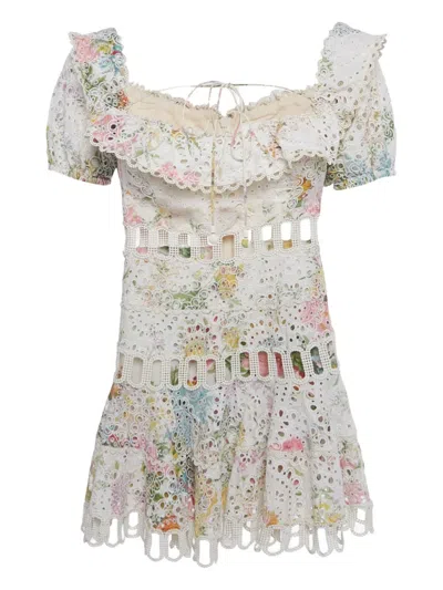 Pre-owned Zimmermann Floral-print Off-shoulder Mini Dress In White