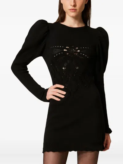 Twinset Crochet-knit Mini Dress In Black