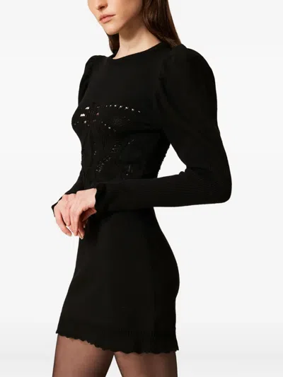 Twinset Crochet-knit Mini Dress In Black