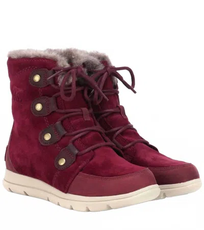 Sorel Women's Explorer Joan Faux Fur Suede Leather Winter Boots In Red In Burgundy