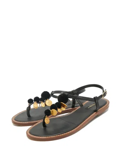 Pre-owned Dolce & Gabbana Embossed-leather Coin-embellished Sandals In Black