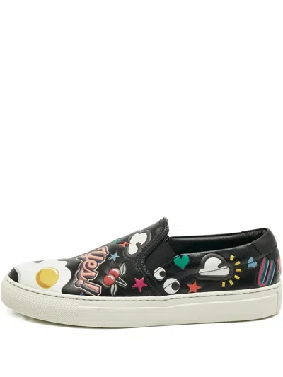 Pre-owned Anya Hindmarch Sticker Leather Sneakers In Black