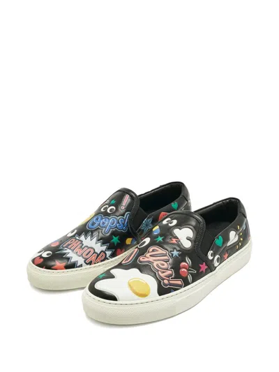 Pre-owned Anya Hindmarch Sticker Leather Sneakers In Black