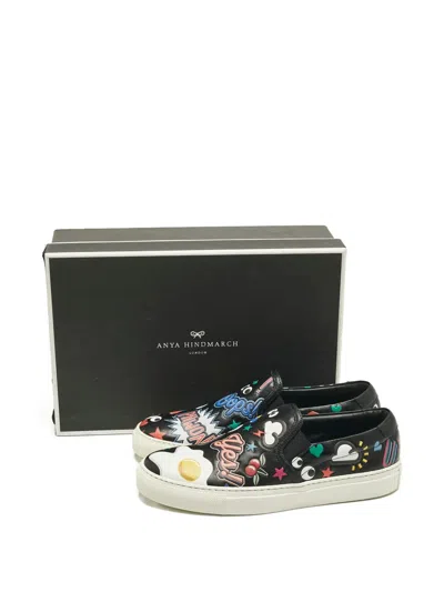 Pre-owned Anya Hindmarch Sticker Leather Sneakers In Black