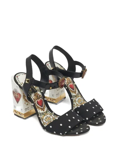Pre-owned Dolce & Gabbana Polka-dot Heart Buckle Sandals In Black