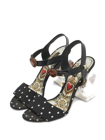 Pre-owned Dolce & Gabbana Polka-dot Heart Buckle Sandals In Black