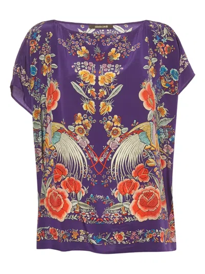 Pre-owned Roberto Cavalli Floral-print Silk Top In Purple
