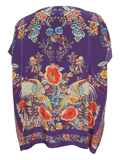 Pre-owned Roberto Cavalli Floral-print Silk Top In Purple