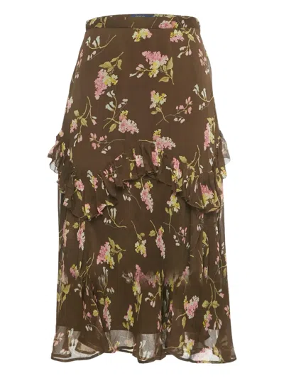 Pre-owned Polo Ralph Lauren Floral-pattern Ruffled Skirt In Brown