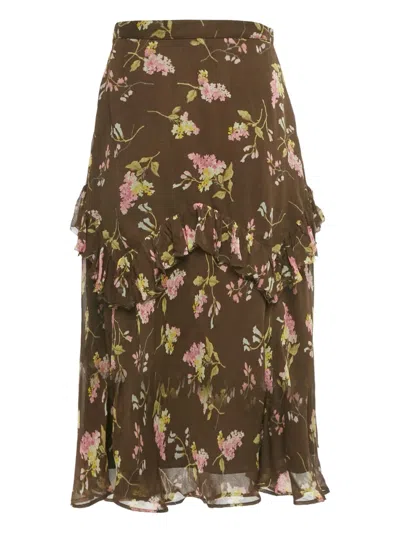 Pre-owned Polo Ralph Lauren Floral-pattern Ruffled Skirt In Brown