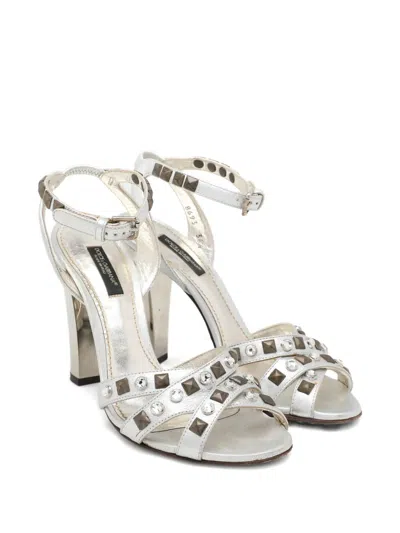 Pre-owned Dolce & Gabbana Embellished Leather Sandals In Silver