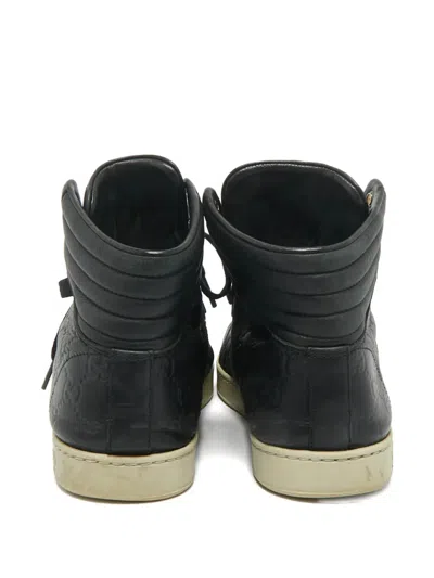 Pre-owned Gucci Ssima Web Leather Sneakers In Black