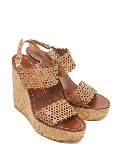 Pre-owned Tory Burch Daisy Leather Wedge-heel Sandals In Neutral