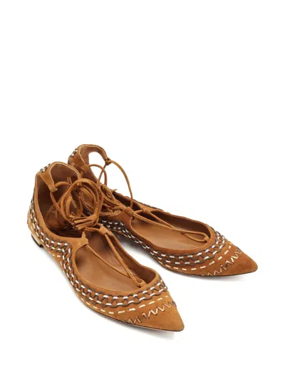 Pre-owned Aquazzura Suede Ankle-wrap Ballet Flats Sandals In Brown