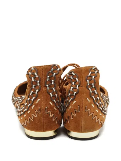 Pre-owned Aquazzura Suede Ankle-wrap Ballet Flats Sandals In Brown