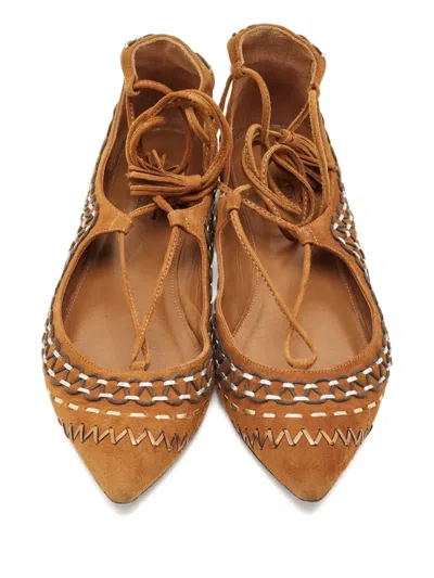 Pre-owned Aquazzura Suede Ankle-wrap Ballet Flats Sandals In Brown