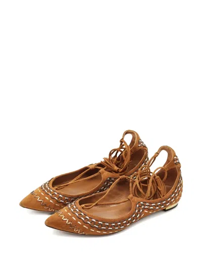 Pre-owned Aquazzura Suede Ankle-wrap Ballet Flats Sandals In Brown