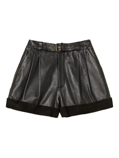 Twinset Pleated Belted Leather Shorts In Black