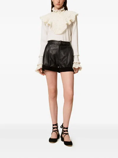 Twinset Pleated Belted Leather Shorts In Black