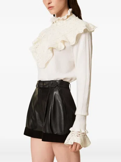 Twinset Pleated Belted Leather Shorts In Black