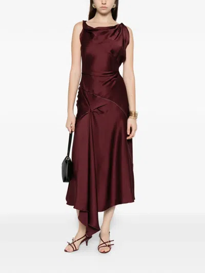 Victoria Beckham Asymmetric Draped Sleeveless Satin Midi Dress In Burgundy