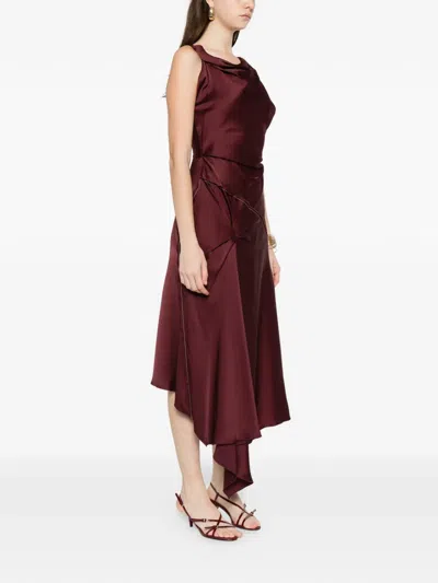 Victoria Beckham Asymmetric Draped Sleeveless Satin Midi Dress In Burgundy