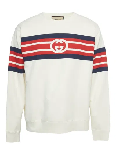Pre-owned Gucci Printed-logo Stripe-detail Sweatshirt In Neutral