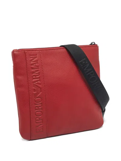 Pre-owned Emporio Armani Embossed-logo Leather Messenger Bag In Red