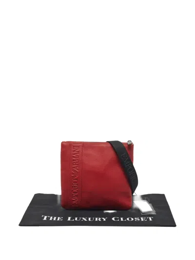 Pre-owned Emporio Armani Embossed-logo Leather Messenger Bag In Red