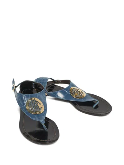 Pre-owned Roberto Cavalli Croc-embossed Logo Sandals In Blue