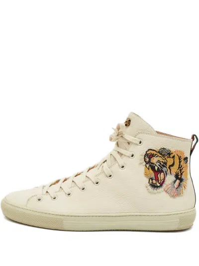 Pre-owned Gucci Embroidered Leather High-top Sneakers In Neutral