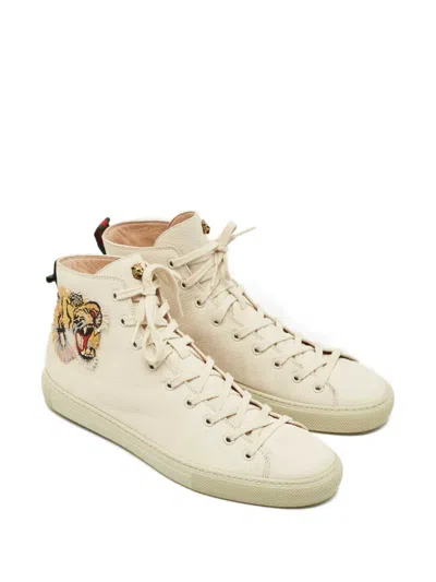 Pre-owned Gucci Embroidered Leather High-top Sneakers In Neutral