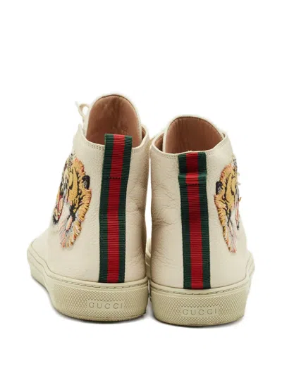 Pre-owned Gucci Embroidered Leather High-top Sneakers In Neutral