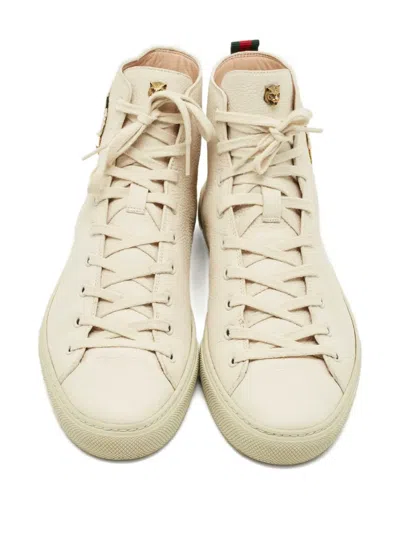 Pre-owned Gucci Embroidered Leather High-top Sneakers In Neutral