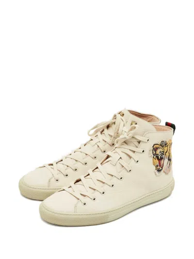 Pre-owned Gucci Embroidered Leather High-top Sneakers In Neutral