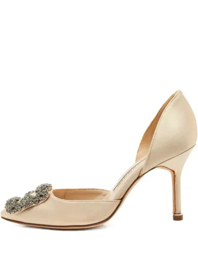 Pre-owned Manolo Blahnik Hangisi D'orsay Embellished Satin Pumps In Neutral