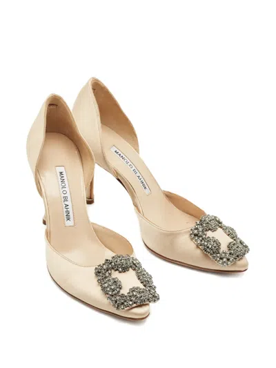 Pre-owned Manolo Blahnik Hangisi D'orsay Embellished Satin Pumps In Neutral