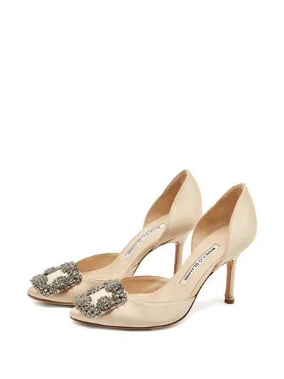 Pre-owned Manolo Blahnik Hangisi D'orsay Embellished Satin Pumps In Neutral