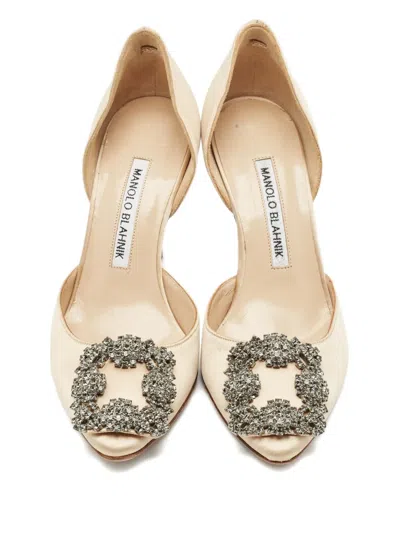 Pre-owned Manolo Blahnik Hangisi D'orsay Embellished Satin Pumps In Neutral