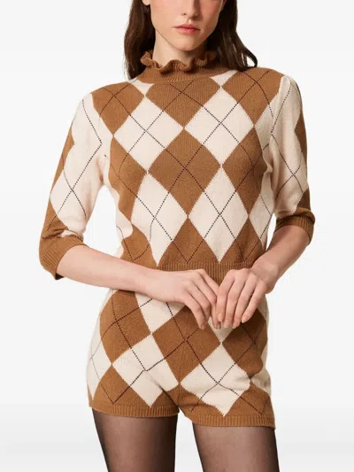 Twinset Diamond-patterned Jacquard Wool Blend Sweater In Brown