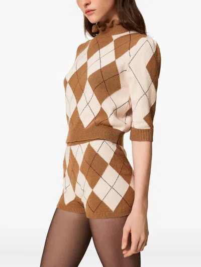 Twinset Diamond-patterned Jacquard Wool Blend Sweater In Brown