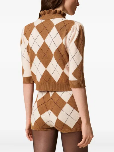 Twinset Diamond-patterned Jacquard Wool Blend Sweater In Brown